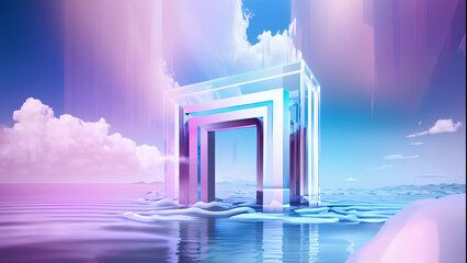 Vaporwave glass gate in the middle of an ocean, pink and blue aesthetic
