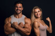 Smiling athletic couple poses and show their perfect body muscles. Generative AI