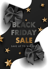 Black Friday Sale poster with realistic black ribbon gift box, stars and luxury black and gold texting at black and white background. Vector for Christmas, New Year, phone, website, social media, ad