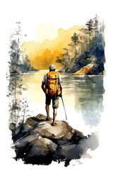 Poster - A watercolor painting of a man standing on a rock. Generative AI.