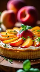 View of a Pie made of Peaches, Vivid Colors, Studio Photography, Commercial Shot. Generative AI.