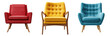 collection of midcentury modern arm chairs in various colors isolated on a transparent background