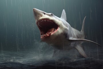 Wall Mural - Model of a dangerous predatory white shark with open mouth above the water AI Generative AI