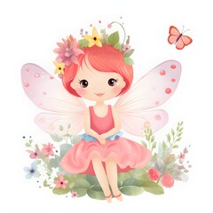 Wall Mural - Whimsical winged blossoms, vibrant illustration of cute fairies with colorful wings and blooming flower charms