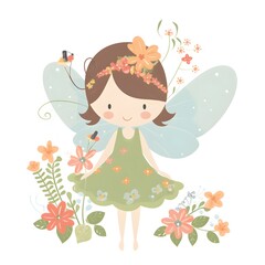 Wall Mural - Whimsical winged fantasia, colorful illustration of cute fairies with playful wings and fantastical flower charms