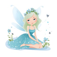 Wall Mural - Enchanted garden delight, colorful clipart of cute fairies with enchanted wings and delightful garden flowers