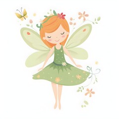 Wall Mural - Whimsical fairy oasis, colorful clipart of cute fairies with playful wings and oasis of flower charms