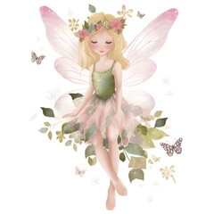 Wall Mural - Blossoming fairyland serenade, delightful clipart of cute fairies with blossoming wings and serenading flower magic