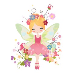 Wall Mural - Whimsical floral haven, adorable illustration of colorful fairies with cute wings and haven of flower charms