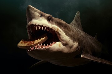 Wall Mural - Model of a dangerous predatory white shark with prey in mouth AI Generative AI