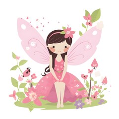 Wall Mural - Playful petal symphony, delightful illustration of cute fairies with playful wings and harmonious petal adornments