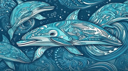 Wall Mural - Dolphins. Ocean Pattern. Dolphin Pattern. Seamless Dolphin Pattern. Underwater Life. Made With Generative AI.