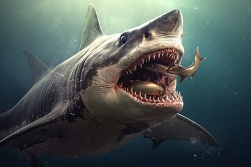 Wall Mural - Model of a dangerous predatory white shark with prey in mouth AI Generative AI