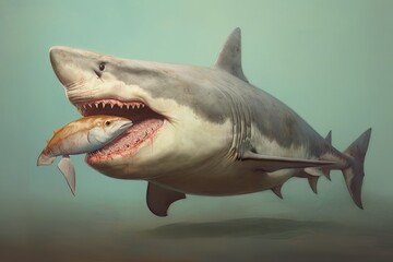 Wall Mural - Model of a dangerous predatory white shark with prey in mouth AI Generative AI