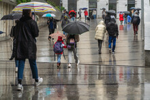 Authentic Passers-by In The Rain With Umbrellas, Hoods And No Umbrellas Walk On A Cloudy Day Along The City Street, A Crowd Of Citizens During Bad Weather, Wet Passers-by In The City, Reflections Road