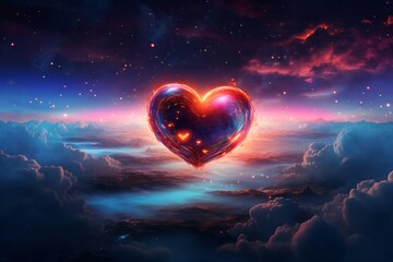 Wall Mural - illustration of heart-shaped planet floating in a surreal sky, with colorful constellations surround