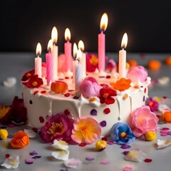 Wall Mural - A cheerful birthday cake with lit candles. Generative AI. 