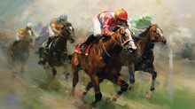 Jockeys Racing Horses On A Track In A Vibrant Painting. Generative Ai