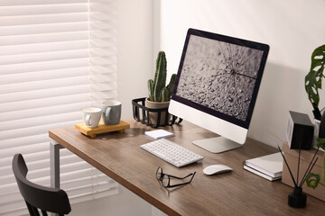 Sticker - Cozy workspace with computer on wooden desk at home