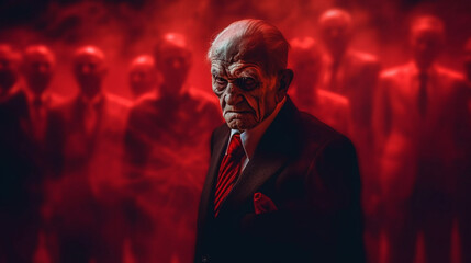 abstract, group of elderly people depicting an executive suite, negative image of an all-decisive el