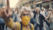 an elderly woman with short hair, anger and annoyance, protests and demonstrates, an uprising, climate protest or strike, fictional event and location