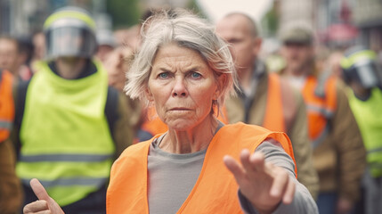 an elderly woman with short hair, anger and annoyance, protests and demonstrates, an uprising, climate protest or strike, fictional event and location