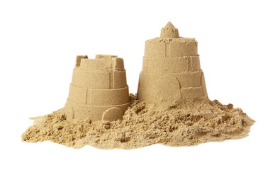 Wall Mural - Pile of sand with beautiful castle isolated on white. Outdoor play