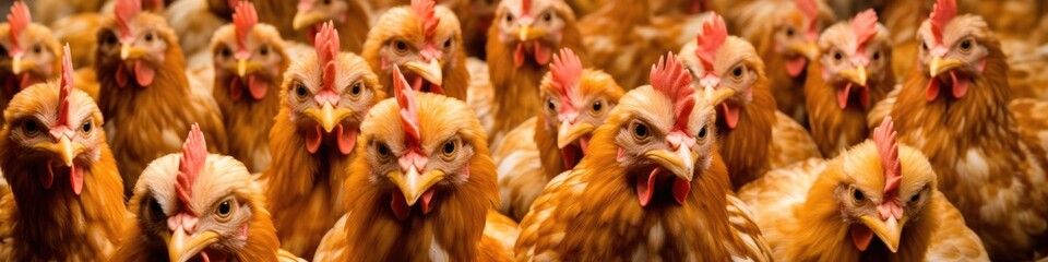 Chickens waiting to be fed up, they are looking at the camera. Generative AI