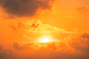 Wall Mural - Background cloud summer. Cloud summer. Sky cloud clear with sunset and sun ray. Natural sky cinematic beautiful yellow and white texture background