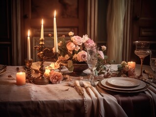 Pink floral table setting for a romantic dinner table with table cloth, candles and silverware. Generative AI