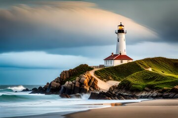 Wall Mural - a captivating image of a majestic lighthouse standing tall on a rugged coastline, its beacon shining brightly to guide ships safely through the night.