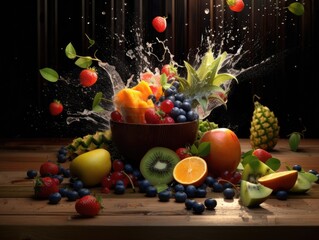 An explosion of fruits around in the air, fruit splash onto a glass. Generative AI