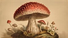 Illustration Of A Red Mushroom. Old Scientific Poster. Generative AI