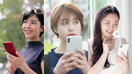 Poster - スマホを使う女性たちのコラージュ映像　白バックからのワイプトランジション