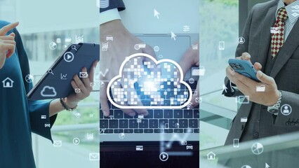 Poster - Collage movie of various business scenes and cloud computing concept. Wipe transition from white background.