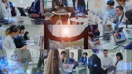 Aufkleber - Collage movie of various business scenes and digital data concept. Scale transition from handshake scene.