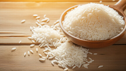 White rice and wheat on a wooden table with wooden spoon 