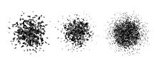 Set Of Debris And Shatters In Radial Shape. Black And Grey Broken Smashed Pieces, Specks, Speckles And Particles. Abstract Explosion And Burst Textured Elements Collection. Vector Illustration 