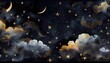 canvas print picture - Seamless pattern of the night sky with gold foil constellations stars and clouds watercolor. Generate Ai.