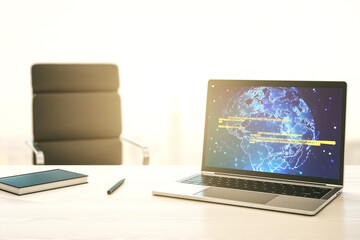 Wall Mural - computer monitor with abstract creative programming illustration and world map, big data and blockch