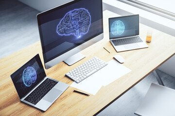 Wall Mural - modern computer display with creative human brain microcircuit. future technology and ai concept. 3d
