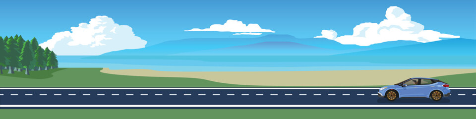 Cartoon transport travel for banner. Sport car with driving for travel.  Asphalt road near the green grass and trees. Travel on sea beach with island under blue sky and white clouds for background.