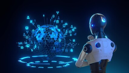 artificial intelligence Robot Touch open globe network internet, smart, technology lab room. camera back robot.