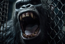 Aggressive Screaming Gorilla Behind Bars Of Cage, Big Open Mouth With Fangs Angry Monkey Behind Iron Mesh. Animal In Prison And Imprisonment, Generative AI Illustration