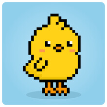 Chick In 8 Bit Pixel Art. Animals Pixel In Vector Illustration For Cross-stitching And Game Assets.