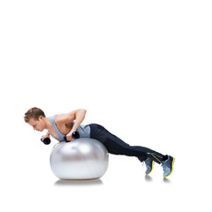 Wall Mural - Man, exercise ball and balance for strong muscle and healthy training with fitness. Male person, pilates, athlete body weightlifting with gym equipment isolated on a transparent, png background