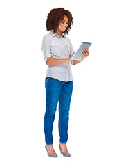 Aufkleber - Business, digital tablet and happy black woman on isolated, transparent and png background. Planning, schedule and African female manager online for social media, management and creative idea plan