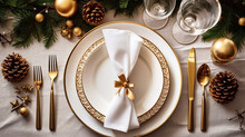 Modern Christmas Table Place Setting. Golden Cutlery, Linen Napkin, Spruce Branches And Pine Cone. AI Generative Image