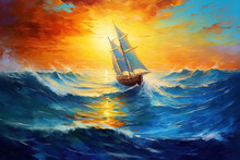 Oil Paint, Sailboat Boat At Sunset On The Ocean