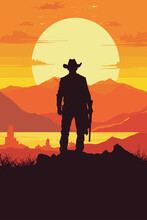 Classic Retro Western Movie Poster With A Sheriff Or Outlaw Man Silhouette Holding A Gun At The Sunset 